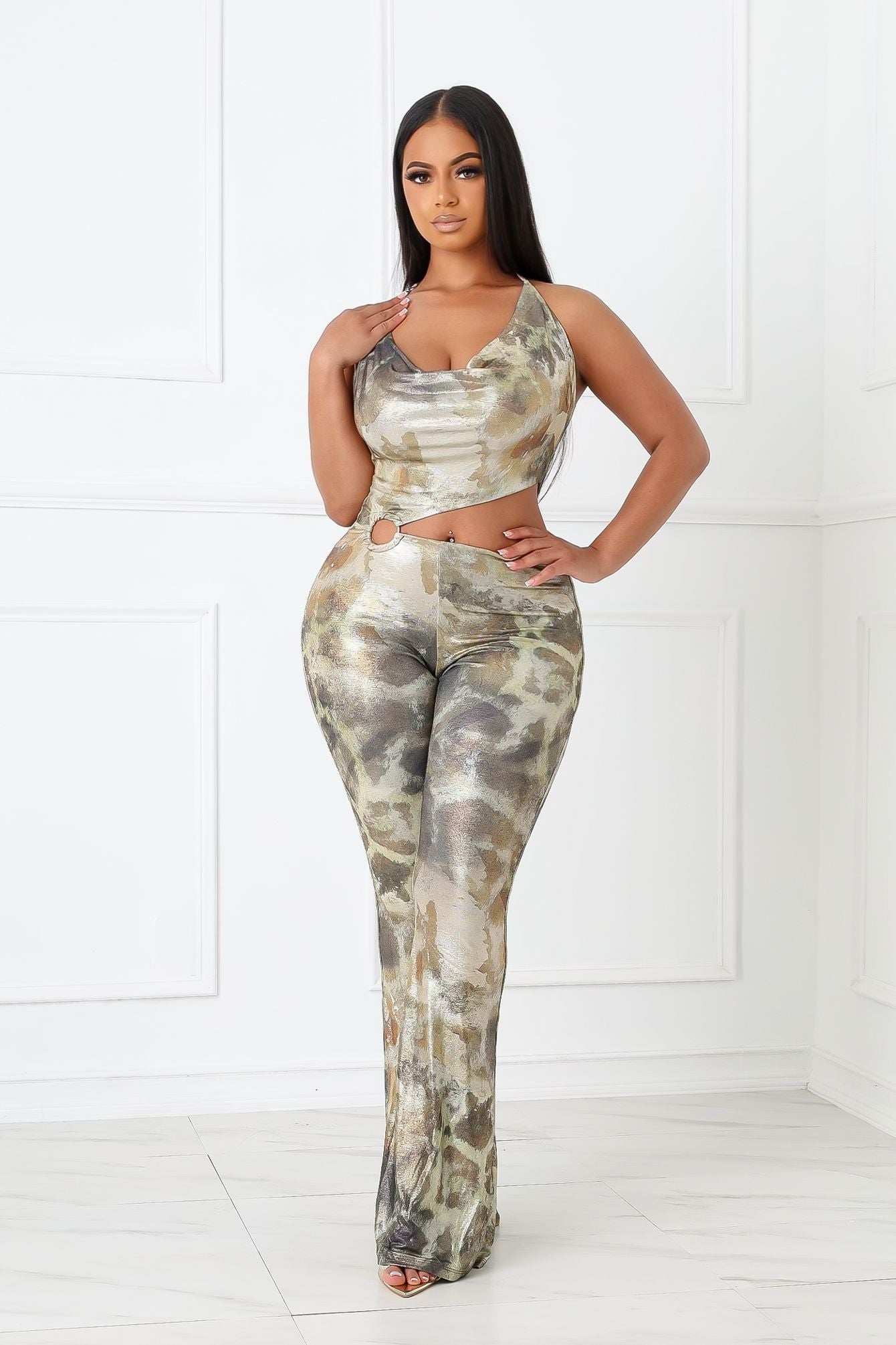 Shine Cutout Foil Halter Jumpsuit