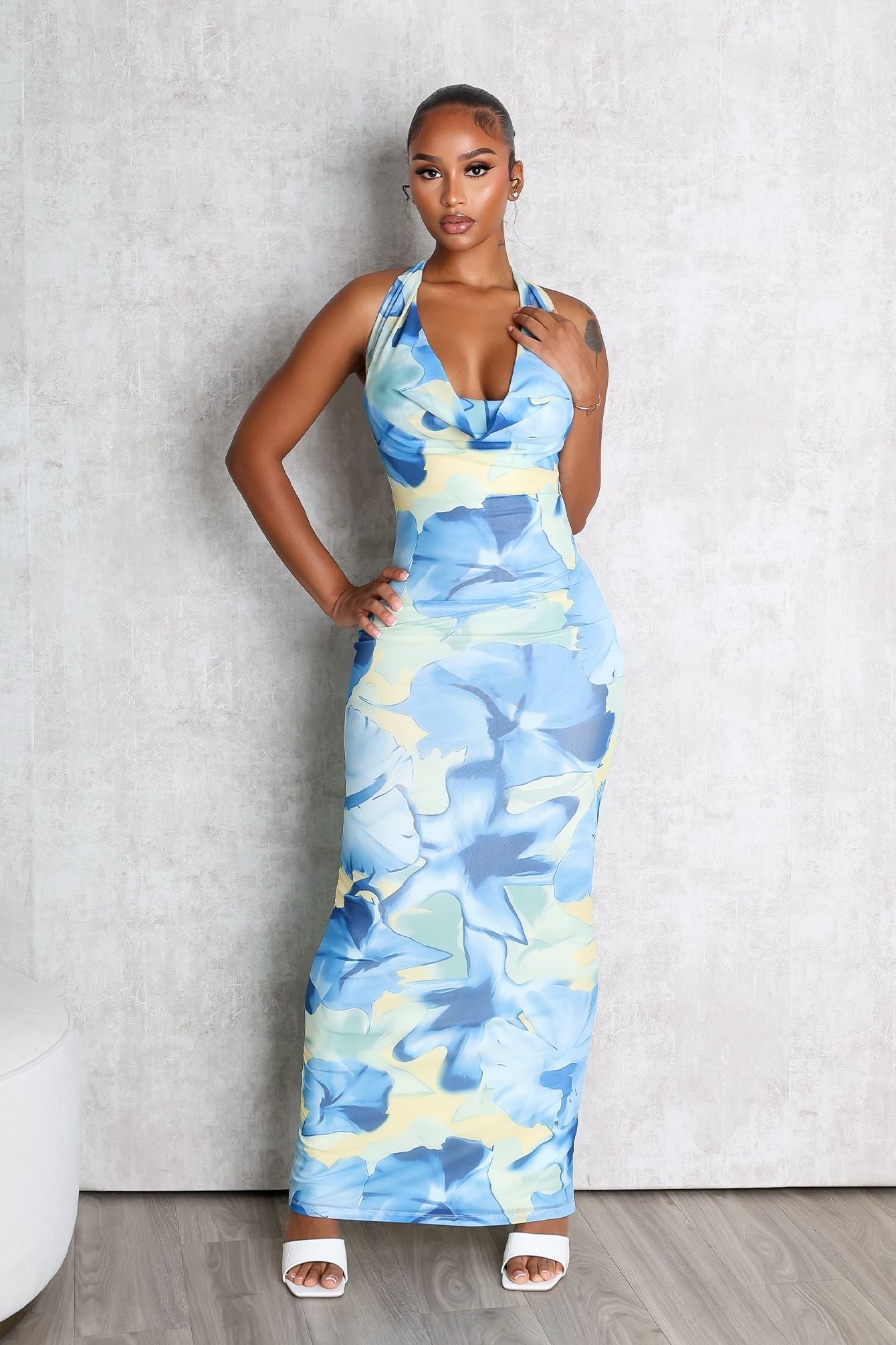 Sundaze Print Mesh Cowl Neck Maxi Dress