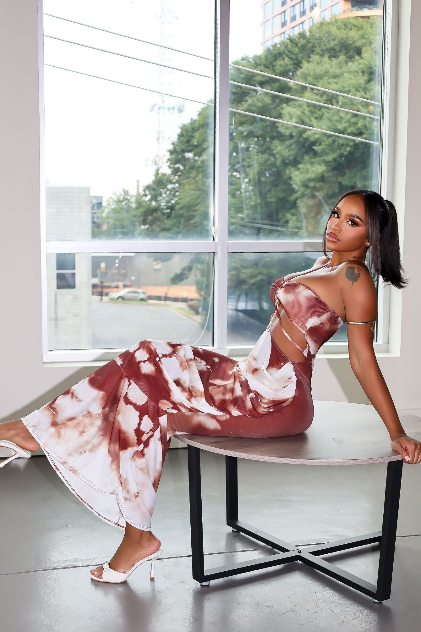 Rust Afterdark Mesh Print Halter Maxi Dress