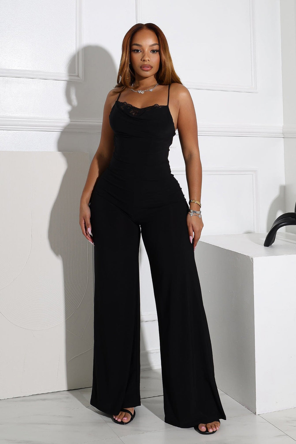 Jesenia Tank Cowl Neck Lace Jumpsuit