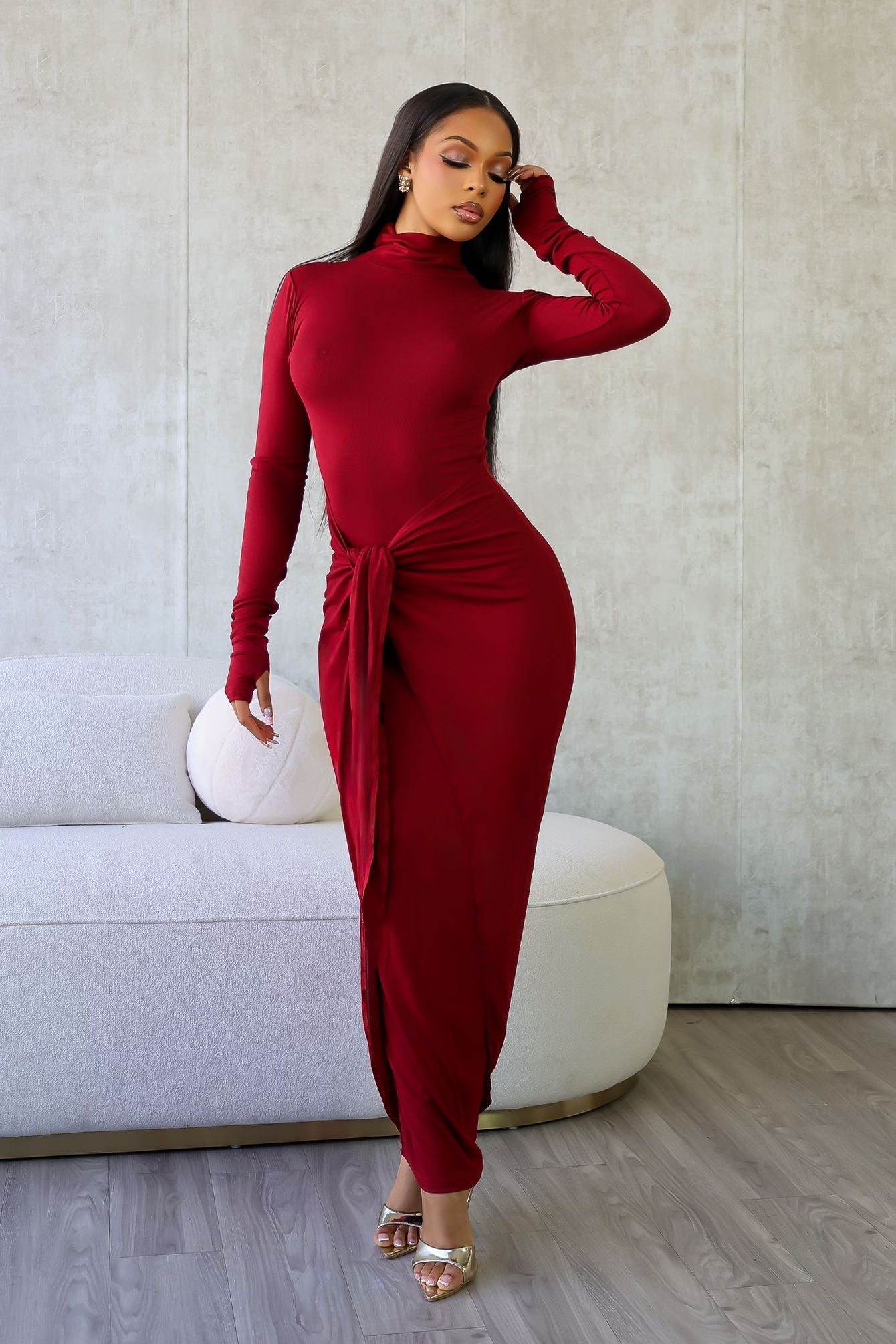 Lazy Noon Thumbhole Mock Neck Maxi Dress