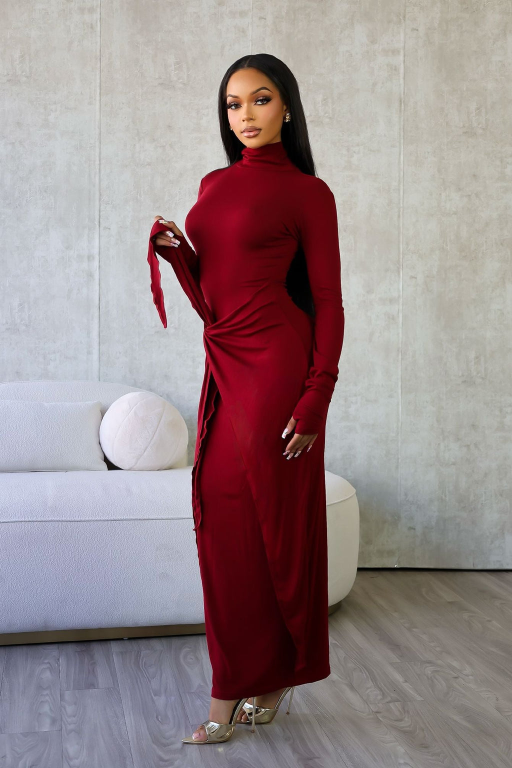 Lazy Noon Thumbhole Mock Neck Maxi Dress