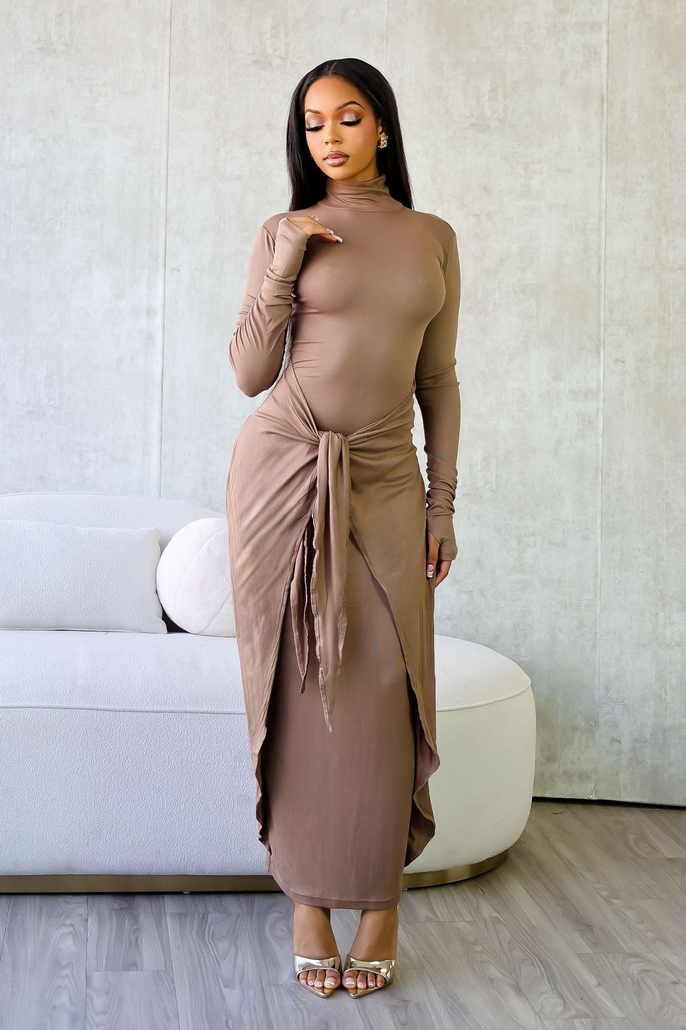 Lazy Noon Thumbhole Mock Neck Maxi Dress