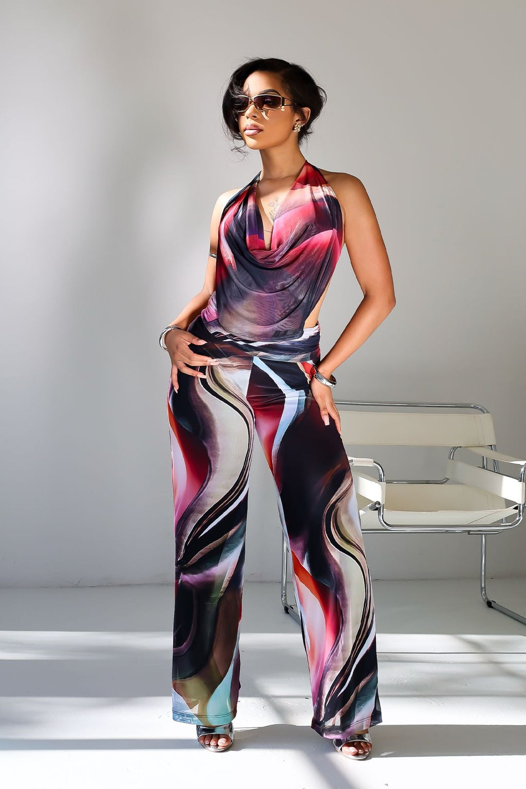 Mystique Flow Mesh Print Halter Jumpsuit