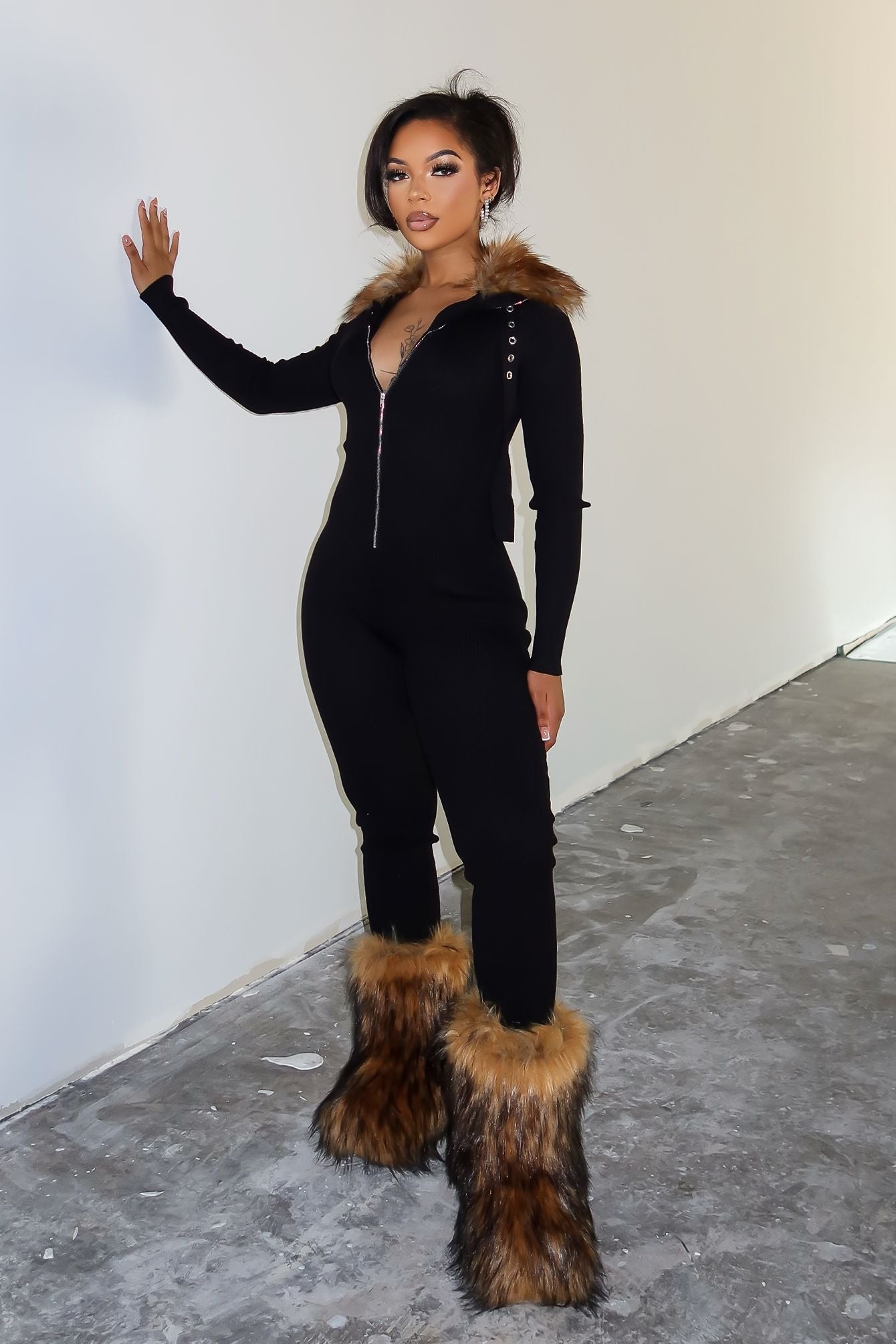 KS Power knit Jumpsuit With Fur Collar