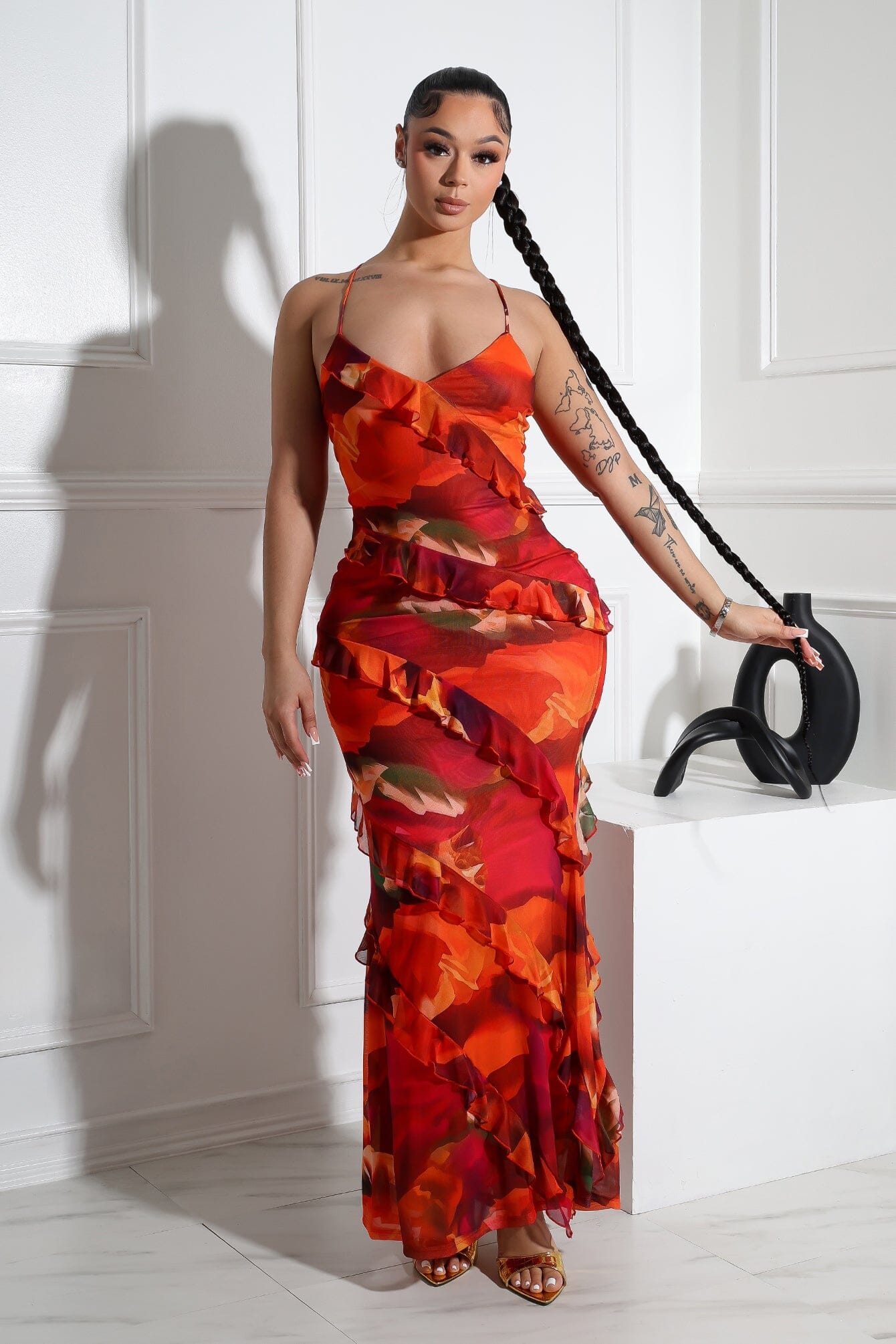 Jody Mesh Print Ruffle Maxi Dress