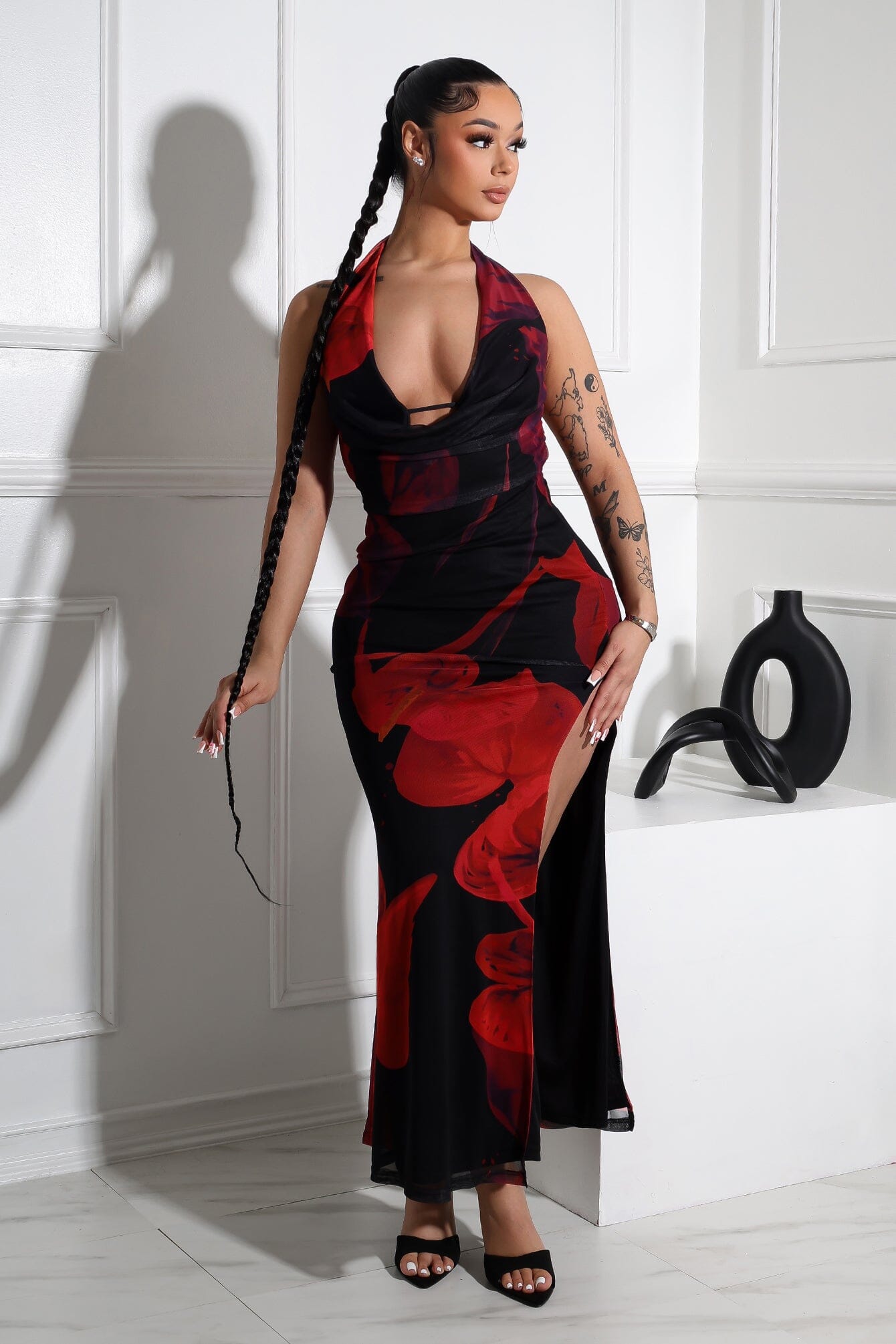 Tatum Mesh Rose Halter Cowl Maxi Dress