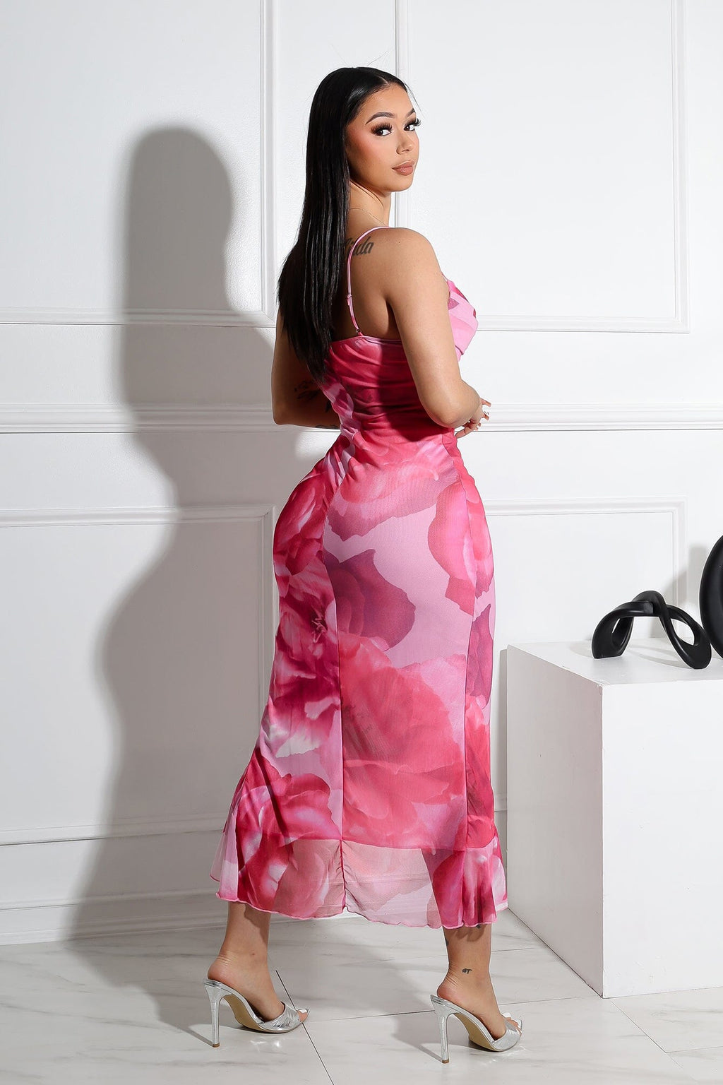 Vonesse Mesh Floral Slit Tank Midi Dress