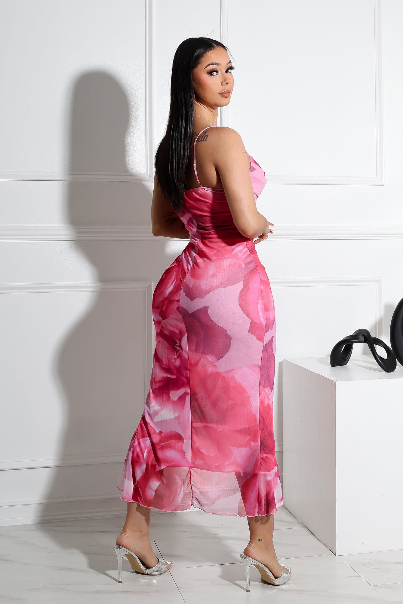 Vonesse Mesh Floral Slit Tank Midi Dress