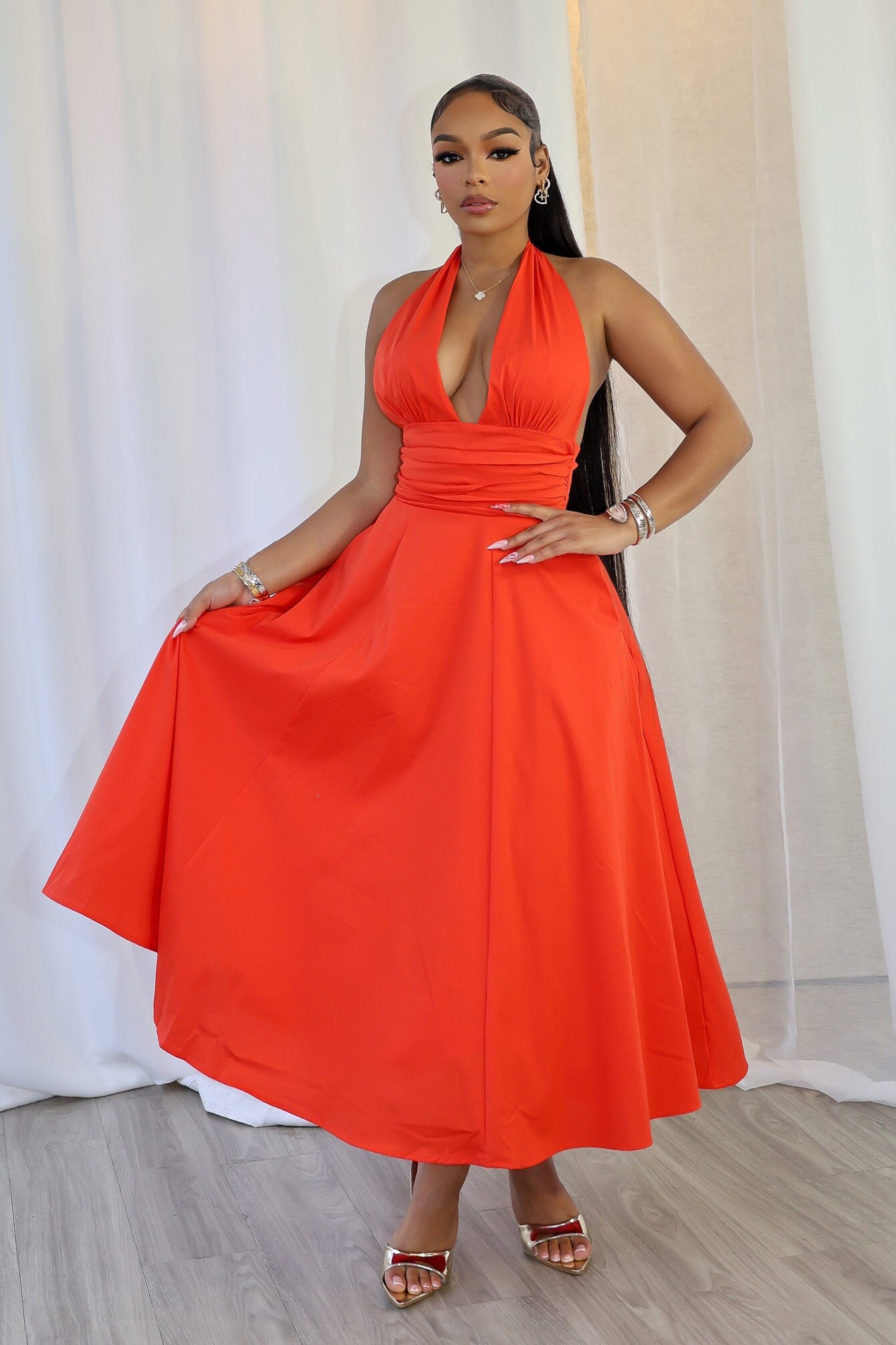 Tiffanie Poplin Halter Neck Midi Dress