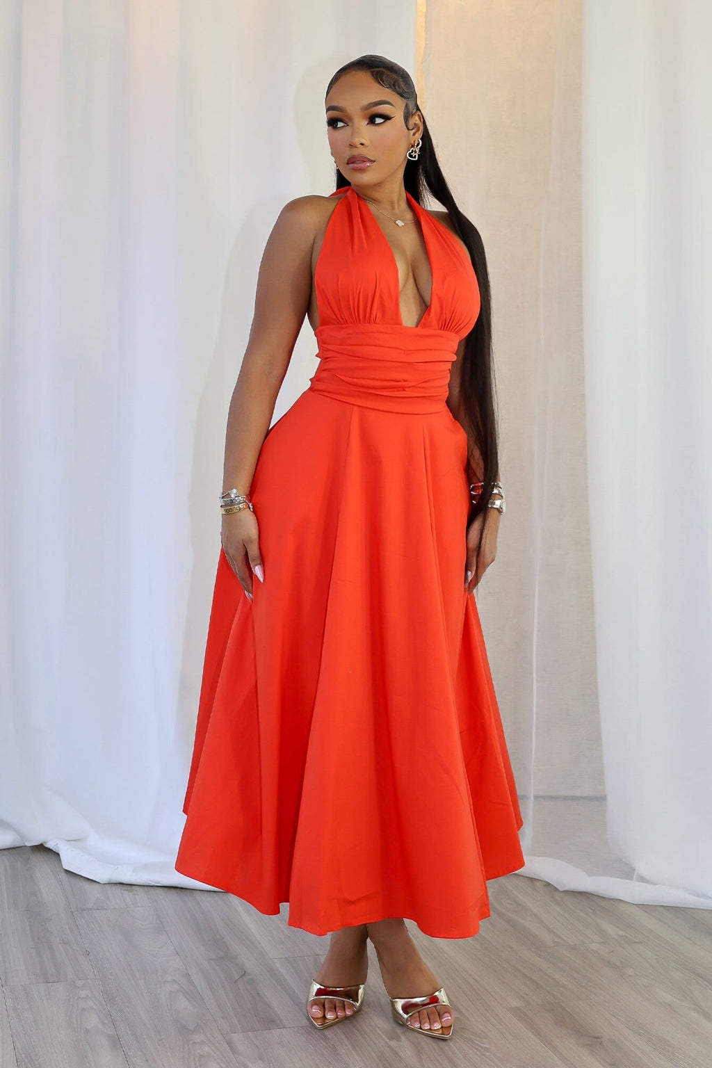 Tiffanie Poplin Halter Neck Midi Dress