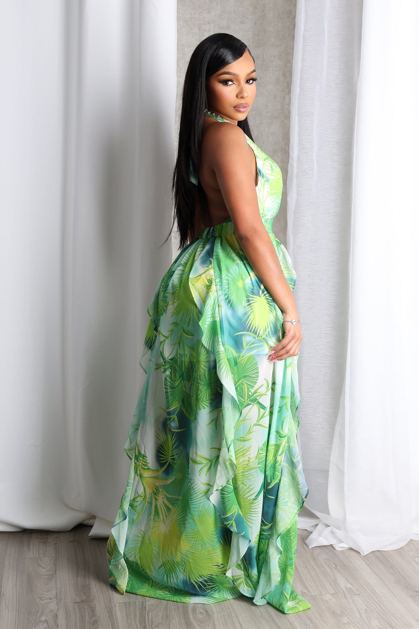 Chiffon Printed Ruffle Halter Neck Maxi Dress