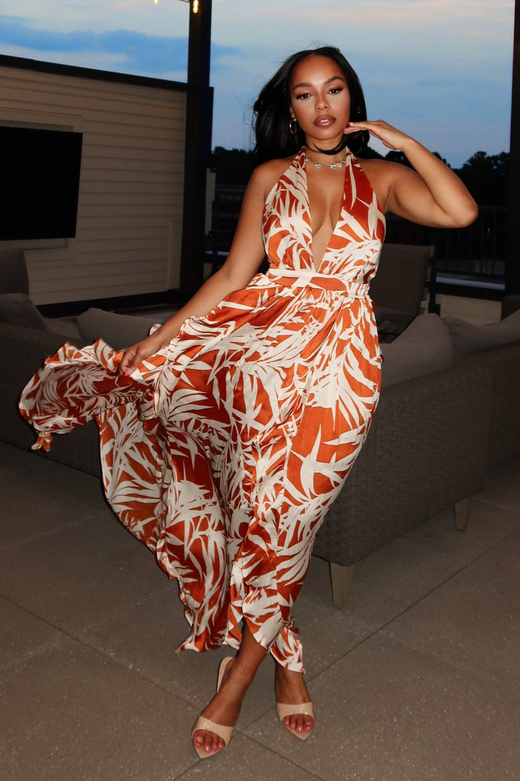That Summer Satin Print Halter Ruffle Maxi Dress