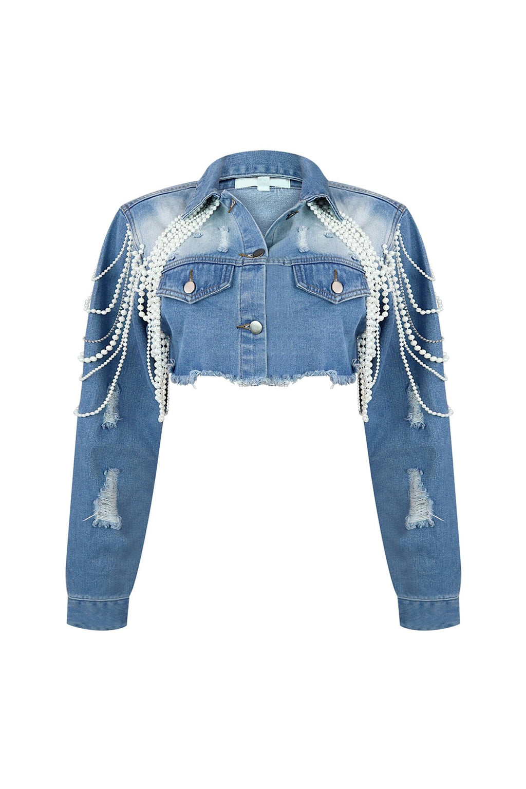 Janet Pearl & Rhinestone Draped Denim Jacket