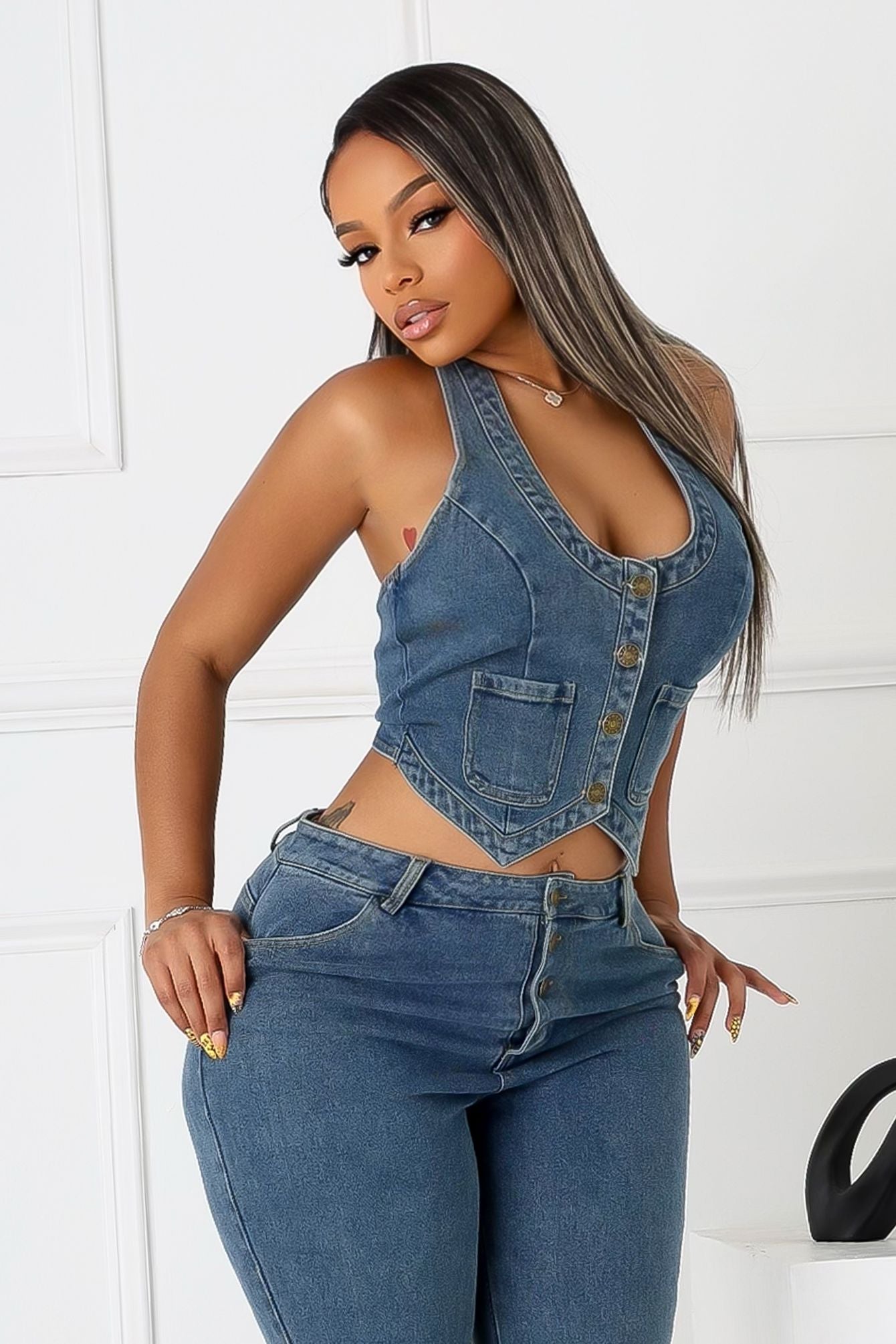 Your Signature Denim Vest Halter Top