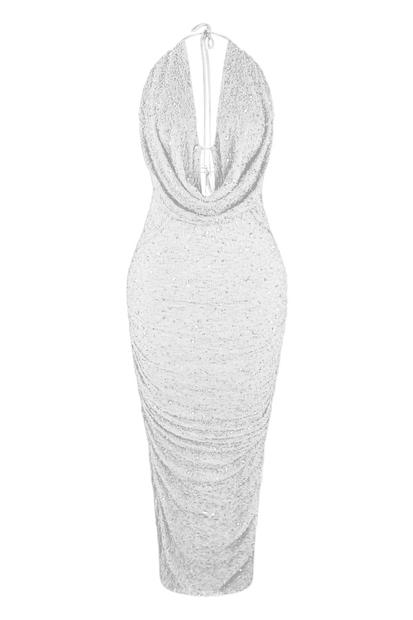 Viva Rhinestone Beaded Halter Maxi Dress